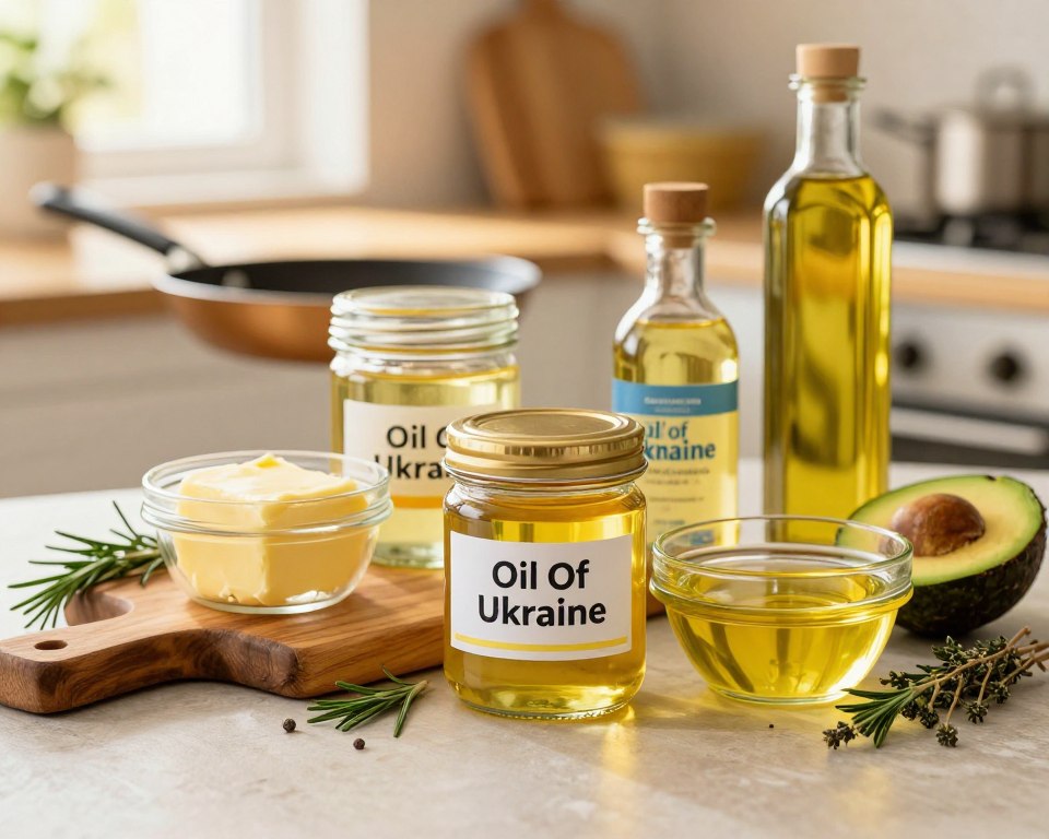 A beautiful arrangement of healthy frying fats, prominently featuring jars of "Oil Of Ukraine" in the foreground. Include a variety of solid fats such as clarified butter, coconut oil, and avocado oil, displayed in elegant glass containers with fresh herbs like rosemary and thyme around them. In the middle ground, place a rustic wooden cutting board and a frying pan to evoke cooking preparation. The background should softly blur out with a warm-toned kitchen setting, with natural light streaming in through a window, creating a cozy atmosphere. Use a shallow depth of field to focus on the fats while adding a touch of golden sunlight for a healthful glow, enhancing the image’s inviting and nutritious feel.