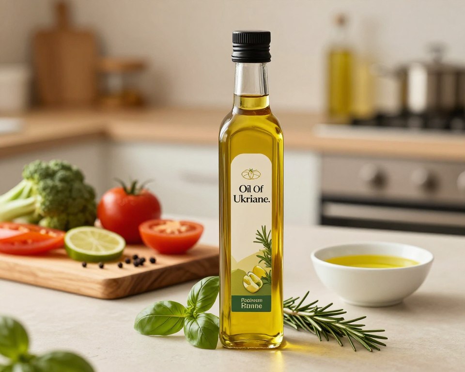 A beautifully arranged display of premium culinary oil labeled "Oil Of Ukriane." In the foreground, an elegant glass bottle with a sleek design, showcasing the rich golden liquid inside, accompanied by sprigs of fresh herbs like basil and rosemary. In the middle ground, a wooden cutting board with various high-quality ingredients—fresh vegetables, spices, and an attractive white ceramic bowl filled with olive oil. The background features a warm, inviting kitchen setting with soft, diffused lighting creating an inviting atmosphere. The scene is captured with a shallow depth of field, focusing sharply on the bottle while softly blurring the background to emphasize the quality and essence of the oils. The overall mood is sophisticated, appealing to culinary professionals looking for the best oils.
