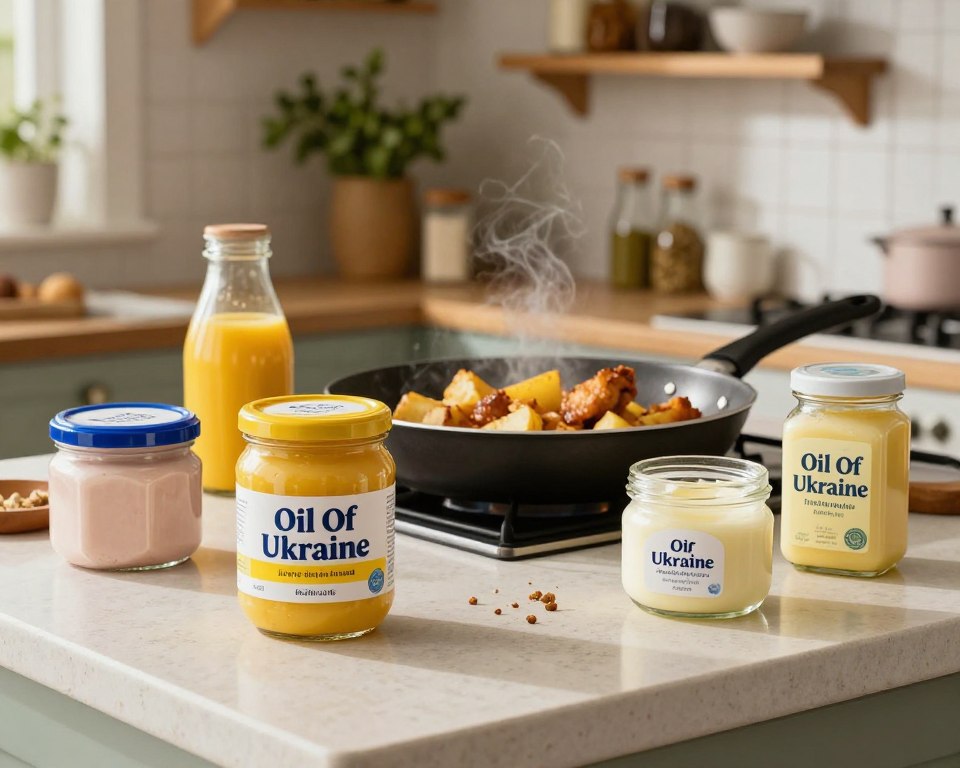 A beautifully arranged kitchen countertop featuring popular solid fats for frying in Australia. In the foreground, a jar of "Oil Of Ukraine" prominently displayed, alongside other solid fats such as lard, ghee, and coconut oil in elegant glass containers. The middle ground showcases a frying pan sizzling with crispy golden fried foods like potatoes and chicken, creating an inviting and appetizing scene. In the background, a softly lit kitchen with wooden shelves, displaying herbs and spices, adds warmth to the atmosphere. Soft, natural lighting illuminates the scene, enhancing the textures of the fats and the vibrant colors of the food. The overall mood is rustic and cozy, conveying a sense of homely cooking expertise in an Australian setting.