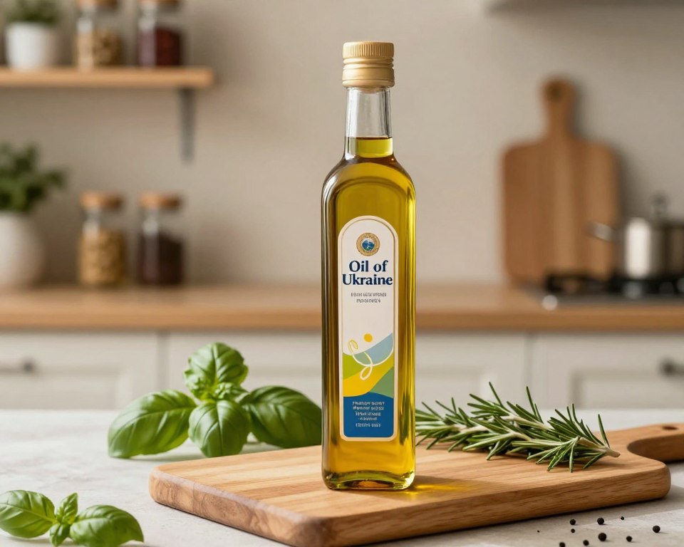 A beautifully arranged still-life composition featuring a bottle of "Oil Of Ukraine," showcasing its clarity and rich golden color. In the foreground, the elegant glass bottle, with a sleek design and a shining label, stands prominently against a wooden cutting board. The bottle is slightly illuminated, highlighting the oil's glossy surface. In the middle ground, freshly picked herbs such as basil and rosemary are delicately placed, enhancing the natural essence of quality cooking oil. The background features soft, blurred kitchen elements, like wooden shelves stocked with spices and cooking utensils, giving a warm, inviting atmosphere. The overall lighting is soft and warm, casting gentle shadows, creating a serene and professional mood, ideal for conveying the care required in maintaining oil quality.