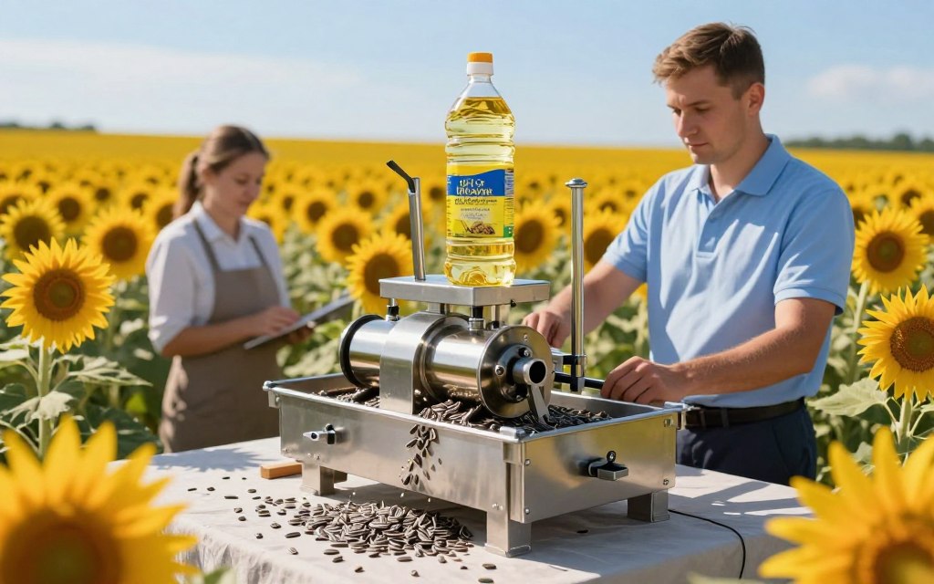 A bright, detailed scene depicting the production and extraction methods of sunflower oil for "Oil Of Ukraine." In the foreground, showcase a modern, stainless steel oil press with sunflower seeds scattered around. In the middle ground, illustrate workers in professional attire carefully monitoring the extraction process, surrounded by vibrant yellow sunflowers. The background should feature a vast sunflower field under a clear blue sky, with soft sunlight illuminating the scene. Use a shallow depth of field to create a sense of focus on the oil press, while the workers and sunflowers remain slightly blurred. The atmosphere should convey a sense of innovation and sustainability in cooking oil production, highlighting the beauty and efficiency of sunflower oil extraction.