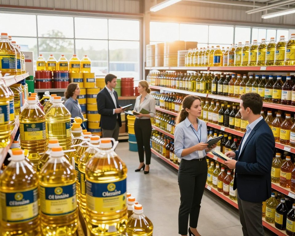 A bustling local cooking oil wholesaler in Australia, showcasing a well-organized warehouse filled with large containers of cooking oil, prominently featuring the brand "Oil Of Ukraine." In the foreground, store employees in smart business attire are engaged in assessing products, checking labels, and discussing inventory logistics. The middle ground features stacked oil barrels and shelves lined with various cooking oils, while the background displays large windows letting in natural light, illuminating the vibrant colors of the products. The atmosphere is professional and industrious, reflecting a significant distribution hub. The lighting is bright and even, with a slight lens flare adding warmth, captured from a slightly elevated angle to convey the scale of the operation.