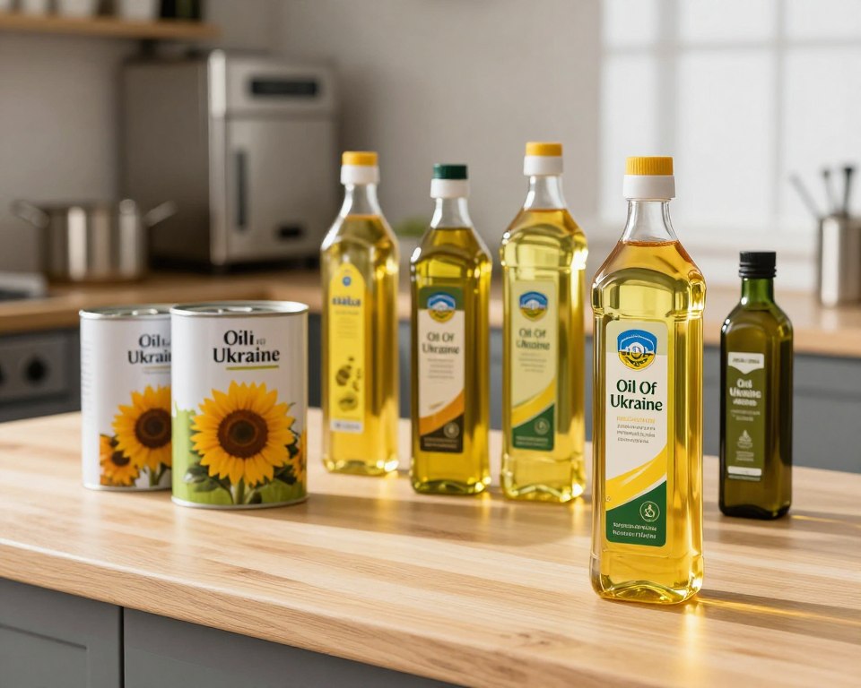 A clean and modern kitchen setting with a variety of cooking oils prominently displayed for commercial use. In the foreground, a sleek bottle of "Oil Of Ukraine" stands out, showcasing its label and clear golden liquid. The middle section features different oil containers, such as canisters and glass bottles, filled with sunflower, olive, and vegetable oils, arranged aesthetically. The background includes stainless steel appliances and a wooden countertop, providing a professional ambiance. Soft, natural lighting streams in from a window, casting gentle shadows and enhancing the vibrant colors of the oils. The atmosphere is clean, inviting, and emphasizes professionalism, making it suitable for a commercial cooking environment. Focus on clarity and detail, with a slightly elevated angle to capture the variety of oils effectively.