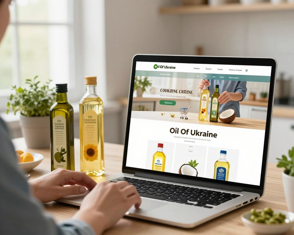 A clean, modern workspace featuring a computer screen displaying an e-commerce website for purchasing cooking oils online, prominently showcasing the brand "Oil Of Ukraine". In the foreground, an open laptop with a detailed view of different cooking oil bottles, including olive oil, sunflower oil, and coconut oil, arranged aesthetically. The middle ground includes a person's hands selecting oil options with a shopping cart visible on the screen, dressed in smart casual attire. The background captures a soft, light-focused kitchen setting with potted herbs, emphasizing a health-conscious theme. Natural lighting pours in from a nearby window, creating a warm and inviting atmosphere, symbolizing the accessibility and convenience of online shopping.