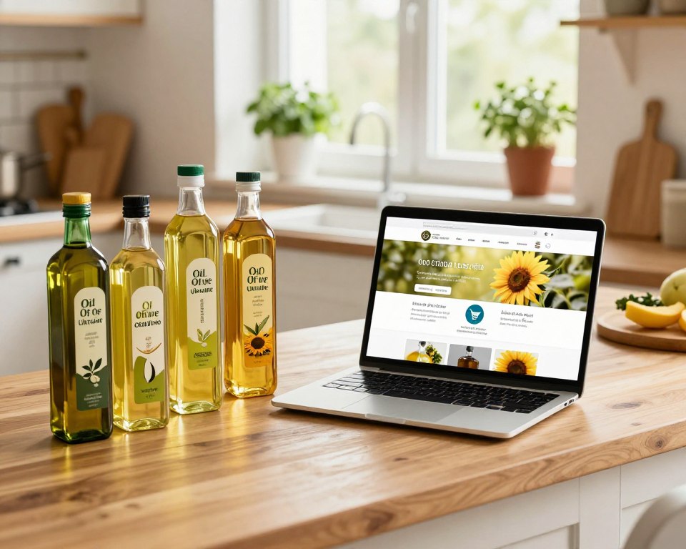 A cozy, well-lit kitchen setting filled with an assortment of cooking oils prominently displayed on a wooden countertop. The foreground features a variety of beautifully labeled bottles from the brand "Oil Of Ukraine," showcasing olive, canola, and sunflower oils, arranged aesthetically. In the middle, a laptop is open, displaying an online shopping site for cooking oils, with a shopping cart icon visible. The background reveals a bright window with soft natural light streaming in, complemented by potted herbs on the sill. The atmosphere is warm and inviting, reflecting the convenience and joy of buying cooking oils online. The scene is captured from a slightly elevated angle, with a focus on the oils and laptop, emphasizing a sense of productivity and enthusiasm in the kitchen.