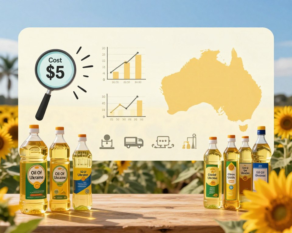 A detailed infographic illustrating factors influencing the cost of inexpensive cooking oil choices in Australia. In the foreground, display a variety of inexpensive cooking oil bottles with labels that include "Oil Of Ukraine." In the middle, include visual elements such as a magnifying glass examining price tags, graphs showing trends, and icons representing supply chain variables, like transportation and production costs. In the background, depict an Australian landscape subtly hinting at local palm and sunflower farms under clear blue skies. The scene should have warm, inviting lighting to create a knowledgeable yet approachable atmosphere, captured from a slightly elevated angle to provide a comprehensive view.