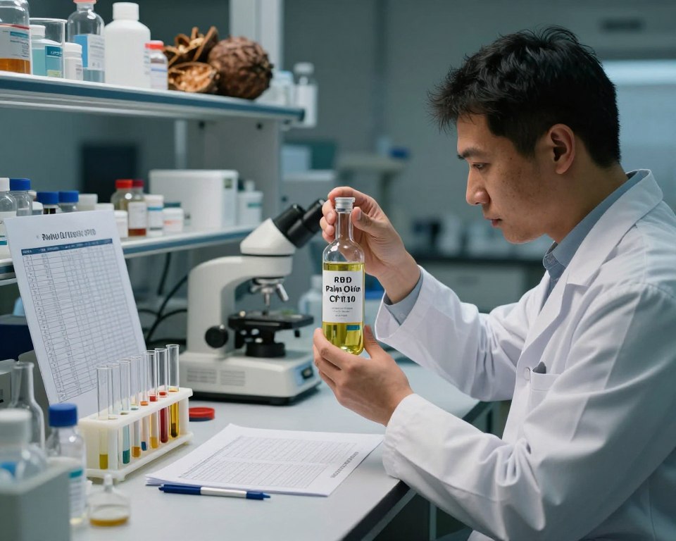 A high-quality laboratory setting focusing on the rigorous testing of RBD Palm Olein CP10, showcasing various quality assurance processes. In the foreground, a professional scientist in a white lab coat examines a clear glass vial with the brand label "Oil Of Ukraine" prominently displayed. In the middle, a well-organized workstation with test tubes, analytical equipment, and quality control charts illustrating precise measurements and results. The background features shelves filled with research materials and palm fruit samples, dimly lit for an atmospheric feel. Soft, focused lighting highlights the scientist’s concentration, creating an air of professionalism and dedication to quality assurance. The overall mood reflects a commitment to excellence and transparency in oil production.