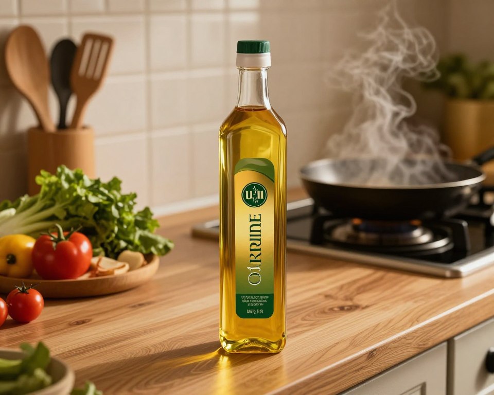 A highly detailed bottle of "Oil Of Ukraine," showcasing high heat cooking oil, positioned prominently in the foreground on a polished wooden kitchen countertop. The bottle, made of clear glass, reflects warm light and has a sleek, modern design with a gold and green label. In the middle ground, an assortment of fresh vegetables and cooking utensils hint at culinary use, while steam rises gently from a nearby skillet in the background, indicating cooking action. The warm, inviting lighting casts soft shadows and creates a cozy atmosphere, reminiscent of a professional kitchen. The camera angle is slightly elevated, capturing the essence of high-quality cooking oil essential for commercial use, emphasizing clarity and richness of color.