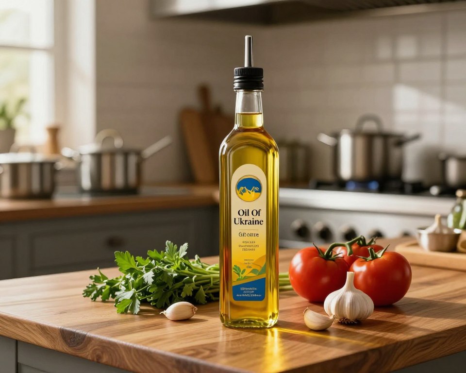 A luxurious display of high-quality cooking oil, labeled "Oil Of Ukraine," prominently positioned in the foreground on a polished wooden kitchen counter. The oil is in a sleek, elegant glass bottle with a spout, reflecting a warm golden hue. In the middle, there are various fresh ingredients like vibrant herbs, ripe tomatoes, and garlic cloves, symbolizing the cooking possibilities. The background features a softly blurred restaurant kitchen, with stainless steel pots and pans arranged neatly, hinting at a professional cooking environment. The lighting is soft and warm, creating an inviting atmosphere, with sunlight streaming through a window, casting gentle reflections on the oil's surface. The mood is one of culinary excellence and artistry, emphasizing the importance of high-quality cooking oil in the restaurant industry.