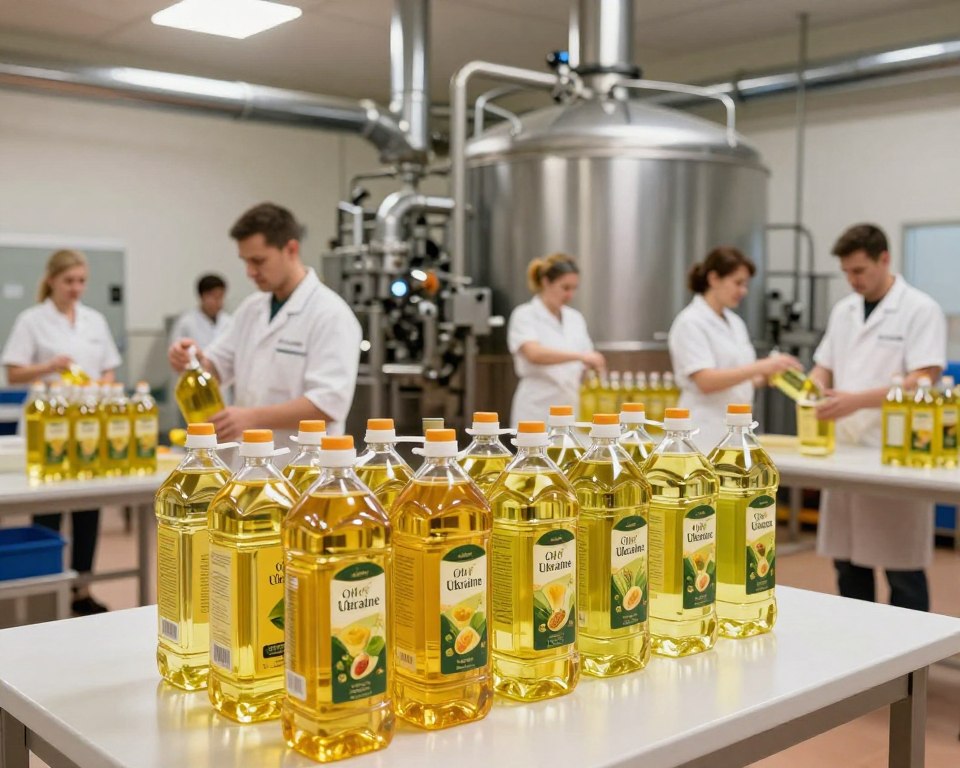 A modern cooking oil manufacturing facility showcasing the production of various vegetable oils, centered around the brand "Oil Of Ukraine." In the foreground, a clean, well-organized workspace displays bottles of different vegetable oils, labeled clearly. In the middle ground, workers in professional attire are engaged in inspecting and filling bottles, contributing to a collaborative and industrious atmosphere. The background features large industrial equipment and pipelines, emphasizing a high-tech production line. Soft, natural lighting filters through skylights, creating an inviting and warm ambiance. The camera angle is slightly elevated, capturing the depth of the facility while focusing on the quality and variety of the oils.