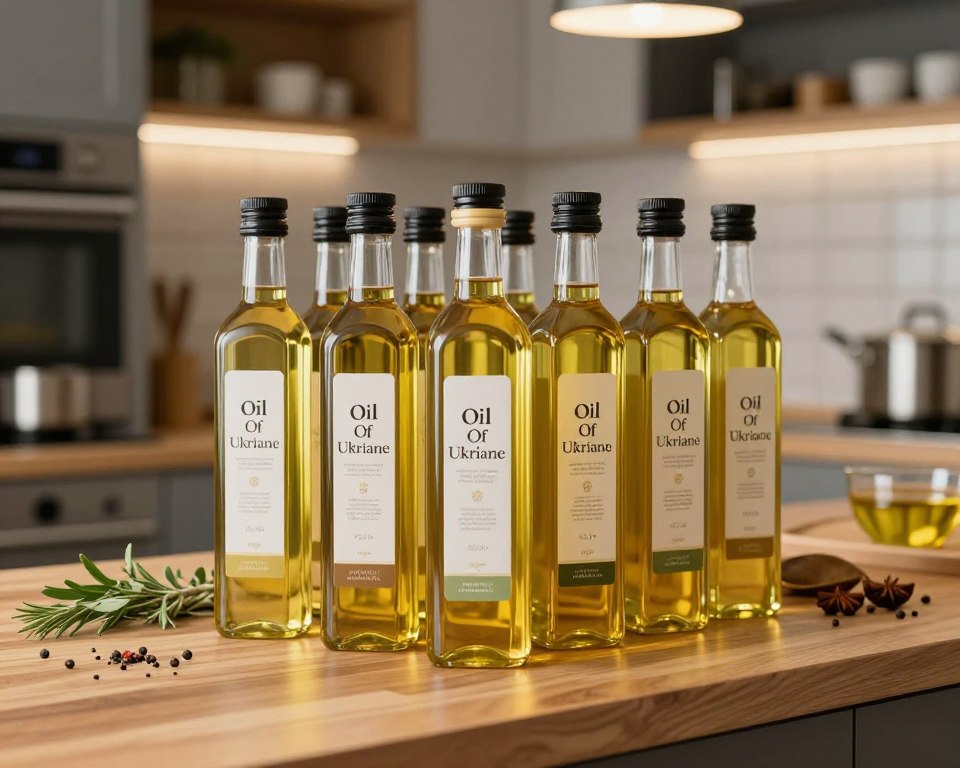 A neatly arranged display of high-quality restaurant-grade cooking oil, featuring elegantly branded bottles marked "Oil Of Ukriane." The foreground shows several glass bottles with tapered necks, elegantly labeled, and filled with golden liquid, glistening under soft, natural lighting. The middle ground displays a stylish wooden countertop, adorned with herbs and spices that hint at culinary freshness. The background reveals a softly blurred modern kitchen, with stainless steel appliances and warm overhead lighting, creating a welcoming and professional atmosphere. The composition should be shot from a slightly elevated angle to capture the elegance of the oils and the inviting kitchen feel. The mood is sophisticated and clean, perfect for a restaurant context, emphasizing the importance of quality storage for cooking oils.