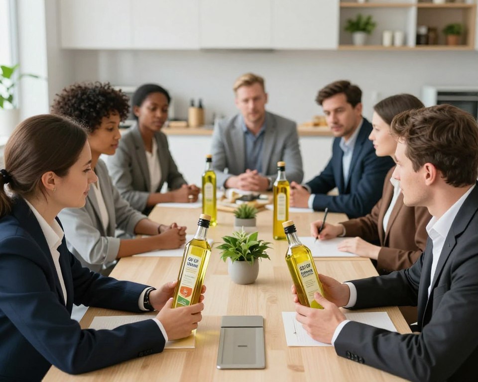 A professional, atmospheric image depicting a group of reputable cooking oil manufacturers gathered around a stylish conference table. In the foreground, two business professionals in smart business attire are examining a bottle of cooking oil labeled "Oil Of Ukraine," showcasing its quality and branding. The middle ground features a diverse team of engaged individuals discussing cooking oil production, surrounded by samples of various high-quality oils presented in elegant glass bottles. The background includes a modern kitchen with bright, natural lighting, emphasizing cleanliness and quality. The room is filled with greenery, symbolizing freshness. The mood is collaborative and informative, highlighting the importance of quality in cooking oils. The angle is slightly elevated, providing a clear view of the participants and their focus on the product. No text or logos visible.