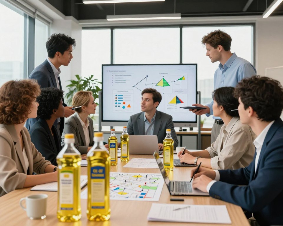 A professional business setting showcasing a group of diverse individuals, both men and women, in smart casual attire, collaborating in a modern office environment. In the foreground, a large table is filled with various cooking oil samples, including a prominent bottle labeled "Oil Of Ukraine." The middle ground features the team discussing logistics and strategies, with charts and maps spread out, indicating methods for locating cooking oil distributors. In the background, large windows let in natural light, creating a vibrant atmosphere. The image should convey a sense of teamwork and professionalism, with a focus on the cooking oil industry. The overall color palette is warm and inviting, enhancing the collaborative mood.