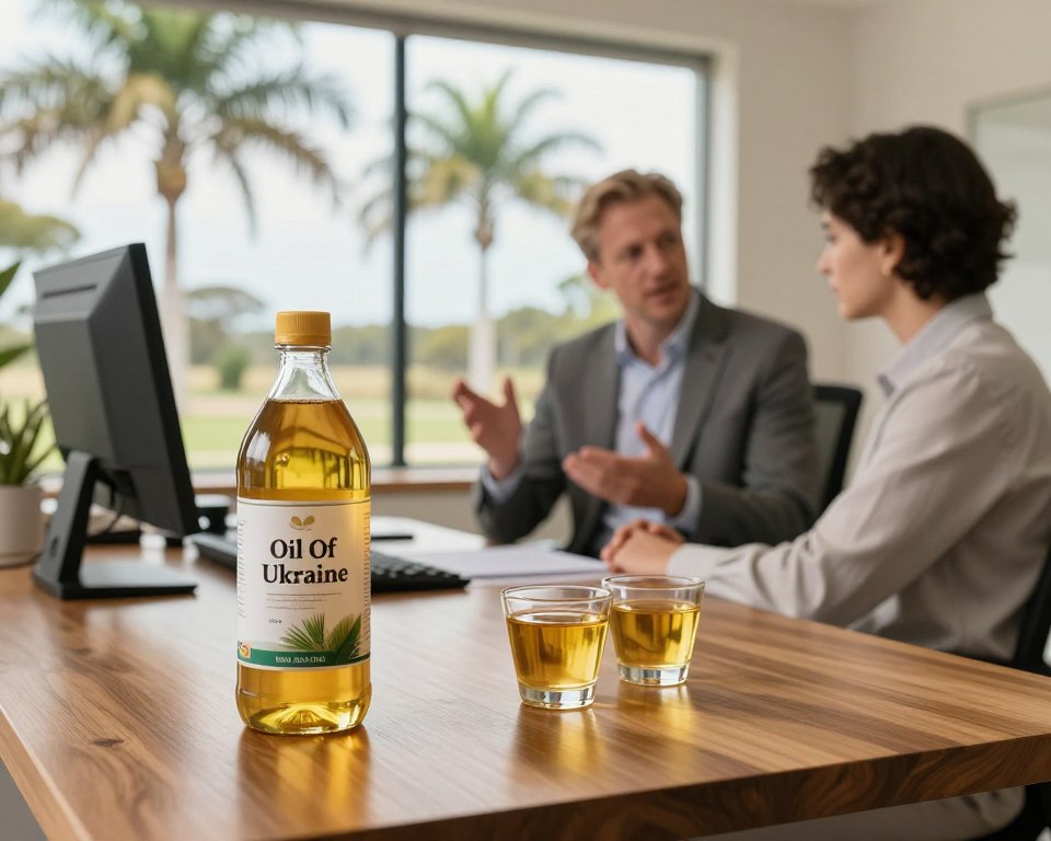 A professional-looking supplier's office featuring a well-organized workspace dedicated to palm olein CP10. In the foreground, a polished wooden desk showcases a bottle labeled “Oil Of Ukraine” prominently displayed. There are samples of palm olein in elegant glass containers, reflecting the product's golden hue under soft, diffused lighting that creates a warm and inviting atmosphere. In the middle background, a large window opens to a picturesque Australian landscape, with palm trees swaying gently, indicating the tropical nature of the product. A confident business professional in smart casual attire discusses terms with a colleague, their expression focused and engaged. The image is framed with a slight depth of field, directing attention to the products while providing a sense of the vibrant environment surrounding them.