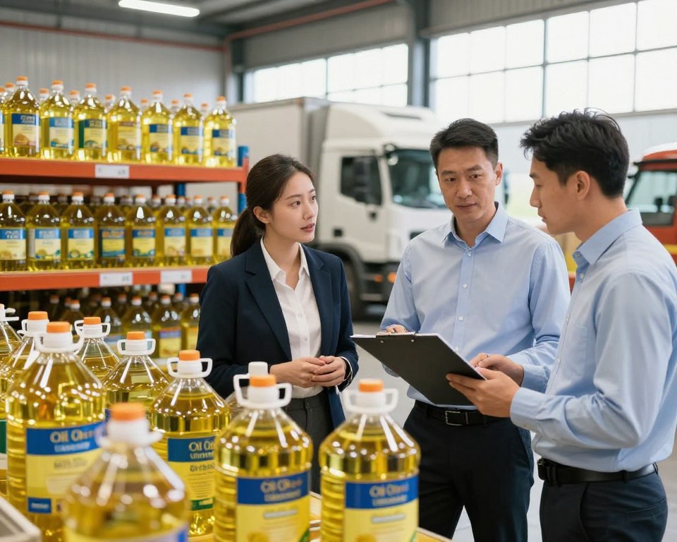 A professional setting featuring wholesale cooking oil suppliers at a bustling warehouse. In the foreground, clearly visible large containers of cooking oil labeled "Oil Of Ukraine," with a diverse group of three businesspeople—one woman in a smart blazer, and two men in button-up shirts—discussing logistics with clipboards in hand, examining the oil supplies. In the middle ground, shelves stocked with various cooking oil containers, highlighting bulk quantities. The background shows delivery trucks ready for shipment and large windows allowing natural light to illuminate the scene, creating a bright and industrious atmosphere. Soft focus on the background to emphasize the foreground action, capturing a mood of professionalism and teamwork within the wholesale oil supply industry.
