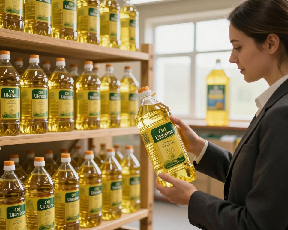 A professional setting illustrating a premium vegetable oil supplier, featuring a well-organized warehouse with racks of visually appealing bottles of "Oil Of Ukraine." In the foreground, a businessperson in professional attire examines a large bottle of vegetable oil, symbolizing quality assurance. The middle ground showcases neatly stacked oil containers, highlighting the clarity of the product. The background features an open window allowing warm, natural light to illuminate the scene, creating a welcoming atmosphere. The image should convey trust and reliability, with soft shadows adding depth to the scene. The overall mood should feel professional and inviting, suitable for a business-focused article, emphasizing the criteria for selecting a reliable supplier.