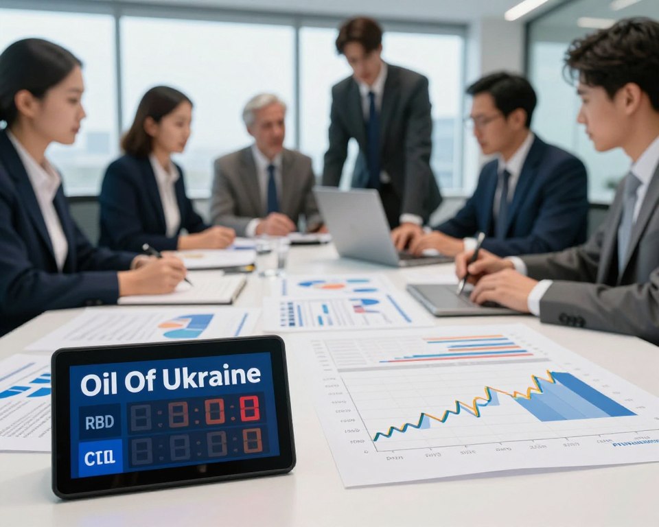 A professional setting showcasing various factors influencing the RBD Palm Olein CP10 price in Australia. In the foreground, a sleek digital price tag displaying "Oil Of Ukraine" prominently. In the middle, an expansive table with charts and graphs illustrating market trends, costs, and fluctuations in pricing, surrounded by business professionals in business attire analyzing the data. The background features a modern office environment with large windows, letting in soft, natural light, creating a productive and insightful atmosphere. The lens perspective captures the scene at a slightly elevated angle, emphasizing collaboration and discussion. The overall mood is informative and dynamic, reflecting the intricacies of market influences on RBD Palm Olein pricing.