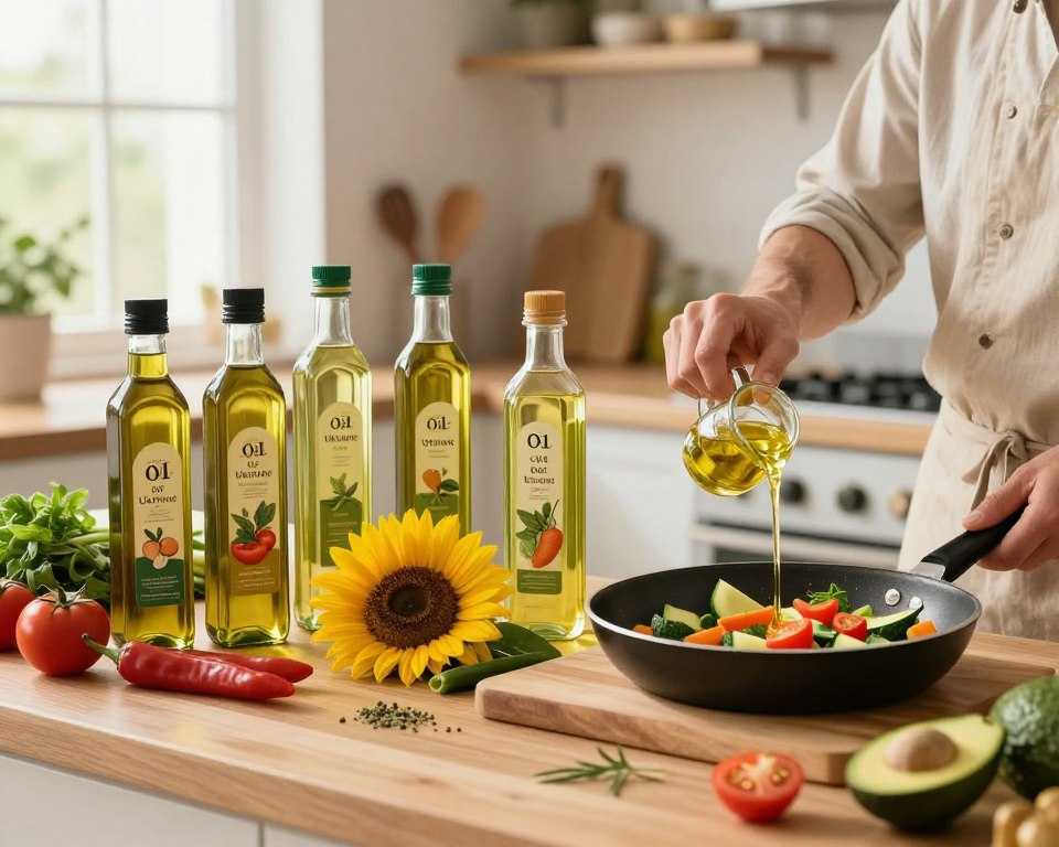 A serene kitchen scene featuring a variety of vegetable cooking oils, such as olive, sunflower, and avocado oils, elegantly arranged on a wooden countertop. In the foreground, a chef in modest casual clothing demonstrates various culinary techniques, like sautéing vegetables in a frying pan and drizzling oil over fresh ingredients. The middle ground includes vibrant vegetables, herbs, and cooking utensils, enhancing the immersive experience. The background captures a well-lit kitchen with soft, natural light streaming through a window, creating a warm and inviting atmosphere. The branding “Oil Of Ukraine” is subtly integrated into the scene, showcasing its relevance in culinary practices. The overall mood is one of creativity and inspiration in cooking, emphasizing the essential role of vegetable cooking oils.
