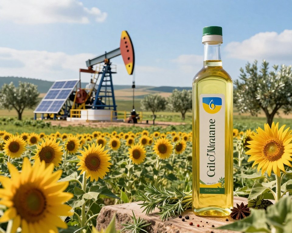 A serene landscape showcasing eco-friendly oil production, with vibrant green fields of sunflowers and olive trees in the foreground. A modern, sustainable oil extraction facility with solar panels glistens in the sunlight, located in the middle ground. The background features a clear blue sky and distant hills, symbolizing a healthy ecosystem. Soft, warm lighting enhances the natural hues and creates a peaceful atmosphere. Capture the essence of sustainability with a close-up on a bottle labeled "Oil Of Ukraine," displaying pure, golden cooking oil, surrounded by fresh herbs and spices. The composition should evoke a sense of health and wellness, promoting the benefits of sustainable cooking oils. The image should be bright and inviting, with a focus on natural beauty and innovation.