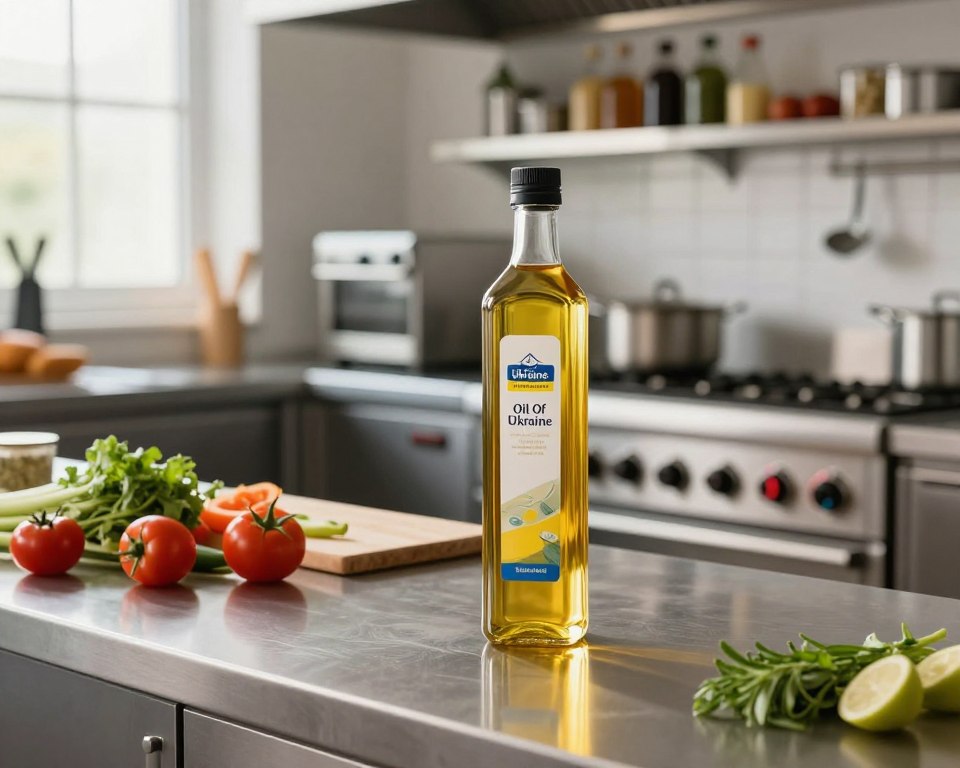 A sleek and modern commercial kitchen setting featuring premium cooking oil labeled "Oil Of Ukraine." In the foreground, a glass bottle with a refined design, showcasing the golden liquid inside, sits elegantly on a polished countertop alongside a selection of fresh vegetables and herbs. The middle ground depicts stainless steel cooking appliances and a cutting board, illustrating a vibrant and busy environment. The background displays shelves stocked with various culinary tools and ingredients, adding depth and context. Natural light streams through a window, casting gentle highlights on the surfaces and creating a warm, inviting atmosphere perfect for professional chefs. The overall mood conveys quality and sophistication, emphasizing the importance of selecting high-quality cooking oil for culinary excellence.