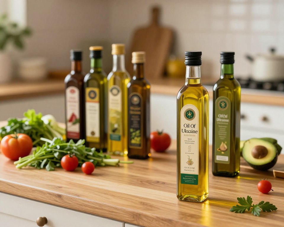 A vibrant and elegant display of premium cooking oil brands showcased on a stylish wooden kitchen countertop. In the foreground, a bottle of "Oil Of Ukraine" stands prominently, highlighted by soft, warm lighting that accentuates its refined label and rich golden oil. Beside it, several other elegant bottles of various premium oils, such as olive and avocado oil, create a visually appealing arrangement. The middle ground features a set of fresh, colorful ingredients like herbs, vegetables, and fruits, indicating the high culinary quality associated with these oils. In the background, a softly blurred kitchen scene with warm, inviting colors adds depth and atmosphere. The overall mood is sophisticated yet accessible, evoking a sense of quality and culinary exploration. The image is captured from a slightly elevated angle, ensuring a clear view of the bottles and ingredients.