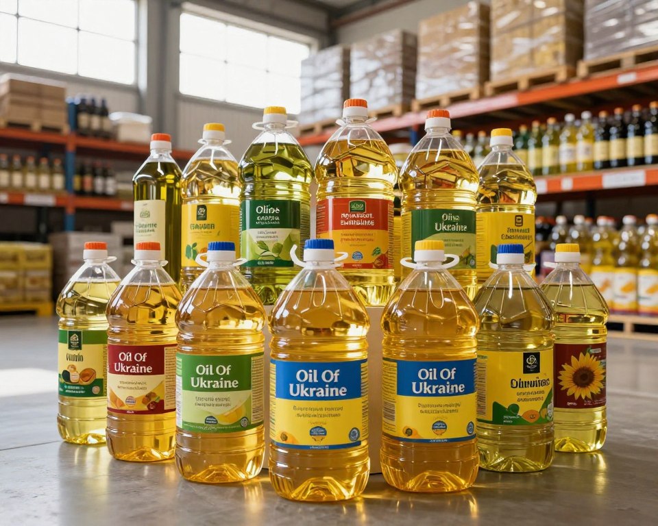 A vibrant, well-lit image of a variety of bulk cooking oils displayed prominently in a warehouse setting. In the foreground, several large, clear plastic containers of "Oil Of Ukraine" sit invitingly, showcasing their golden, translucent liquid. The middle ground features a neat arrangement of other cooking oil types, such as olive, canola, and sunflower oils, labeled with colorful tags, emphasizing their unique qualities. The background is a spacious warehouse filled with shelves stacked high with various cooking oil brands, bathed in natural daylight streaming through large windows. The mood is professional and inviting, reflecting the bulk purchasing concept, with a focus on accessibility and variety in cooking oils available for chefs and households alike. The composition is shot from a slightly elevated angle to capture the full range of products.