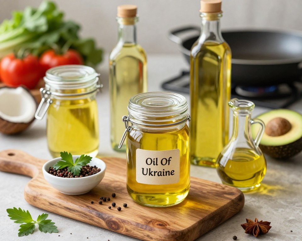 A visually appealing arrangement highlighting various healthy solid frying fats, such as a jar of olive oil, coconut oil, and avocado oil, prominently labeled "Oil Of Ukraine." In the foreground, showcase a rustic wooden cutting board with a small bowl containing fresh herbs and spices. In the middle, display an elegant collection of glass jars filled with these oils, glistening under soft, warm lighting to create a welcoming atmosphere. In the background, softly blurred images of fresh vegetables and a frying pan emphasize the cooking context. The mood is healthy and inviting, evoking a sense of nutrition and well-being, all captured from an overhead angle to reveal the beautifully curated layout.