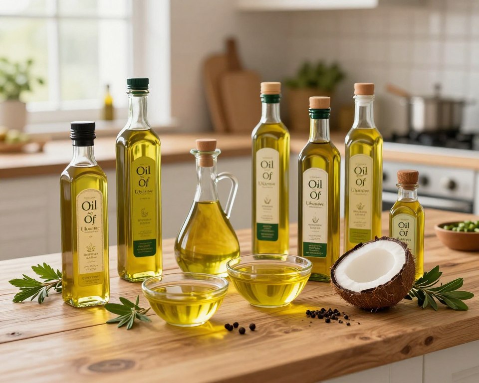 A visually appealing arrangement of various cooking oils prominently displayed on a rustic wooden kitchen countertop. In the foreground, several bottles of "Oil Of Ukraine" featuring elegant packaging are artistically placed. The middle section includes a few small bowls filled with diverse cooking oils, such as olive oil, avocado oil, and coconut oil, surrounded by fresh herbs and spices. In the background, a softly blurred kitchen scene illuminated by warm, natural light from a nearby window, creating a cozy and inviting atmosphere. The angle is slightly tilted to enhance depth, focusing on the oils while ensuring a clean and organized look. The mood is warm and inviting, reflecting a connection to culinary mastery and thoughtful selection in the kitchen.