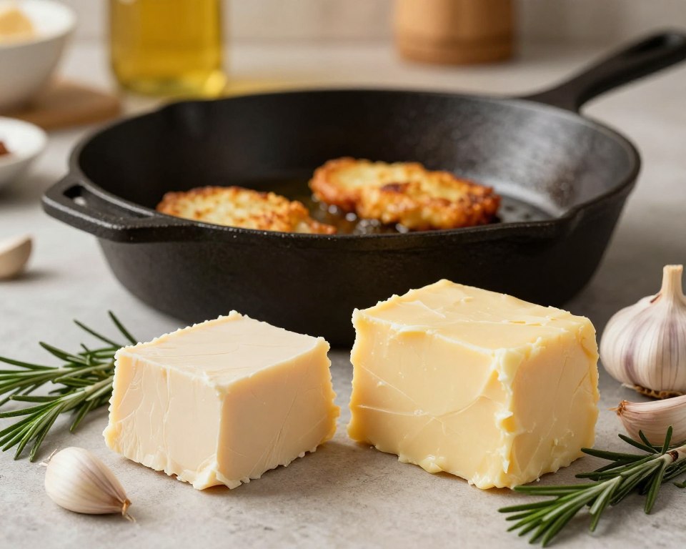 A visually appealing composition showcasing solid fats ideal for crispy frying, with a focus on high-quality products like "Oil Of Ukraine." In the foreground, arrange blocks of visibly textured, creamy solid fats, such as lard and vegetable shortening, surrounded by sprigs of rosemary and garlic cloves for an aromatic touch. The middle section should feature a large cast iron skillet ready for frying, with a hint of sizzling oil reflecting the golden hue of well-fried food. In the background, a kitchen setting filled with warm, soft lighting creates a cozy atmosphere, emphasizing the inviting nature of home cooking. Use a shallow depth of field to draw attention to the foreground, capturing the essence of cooking properties surrounding solid fats while conveying warmth and culinary creativity.