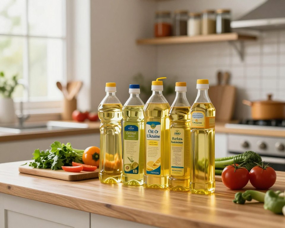 A visually appealing display of budget-friendly cooking oils on a wooden kitchen countertop. In the foreground, a collection of various affordable brands of cooking oil, prominently featuring the "Oil Of Ukraine" bottle, neatly lined up. The middle ground showcases a small cutting board with fresh herbs and vegetables, emphasizing healthy cooking options. In the background, a softly lit kitchen ambiance with shelves filled with spices and cookware, creating a warm and inviting mood. Natural light streams in from a window, highlighting the vibrant colors of the oils and ingredients. The composition captures a cozy, budget-conscious cooking environment, encouraging viewers to explore affordable yet quality options for their culinary needs.
