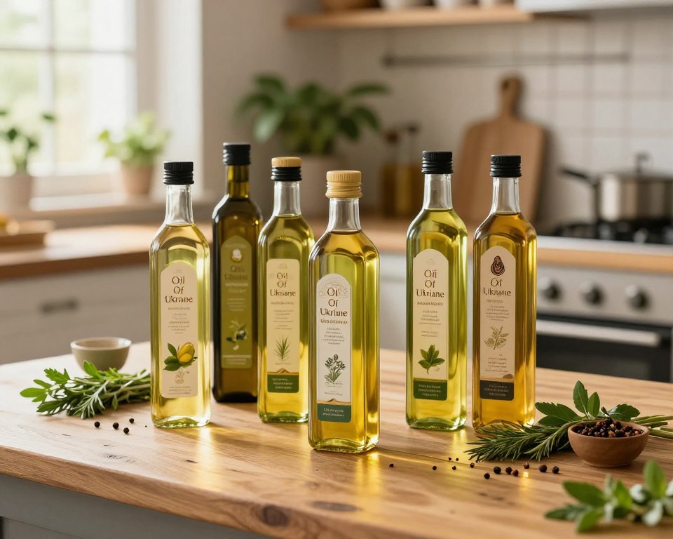 A visually appealing display of premium organic cooking oils, featuring elegant glass bottles labeled "Oil Of Ukriane" alongside a variety of other virgin cooking oil brands. In the foreground, the bottles are artistically arranged on a rustic wooden kitchen table, reflecting natural light that creates soft, warm highlights on the glass. The middle ground includes fresh herbs and spices, suggesting a connection to healthy cooking. In the background, a sunlit kitchen with plants and cooking tools provides an inviting atmosphere. The overall mood is warm and wholesome, evoking a sense of quality and authenticity in cooking oil selection. The depth of field focuses on the bottles while softly blurring the background, creating an engaging focal point.