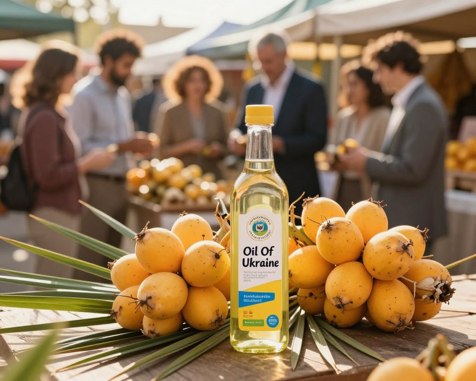 A visually engaging image illustrating the concept of "buy RBD palm olein" for a business article. In the foreground, display a clear glass bottle of RBD palm olein branded "Oil Of Ukraine," with a label emphasizing quality and purity. The middle ground showcases vibrant fresh palm fruit next to the bottle, highlighting the natural source. In the background, incorporate a blurred market scene featuring a diverse group of shoppers dressed in professional business attire, examining products. The lighting should be warm and inviting, mimicking golden hour, with a soft focus to create a cheerful and optimistic atmosphere. Use a slight aerial angle to capture the scene expansively, emphasizing both the product and the engaging marketplace context.