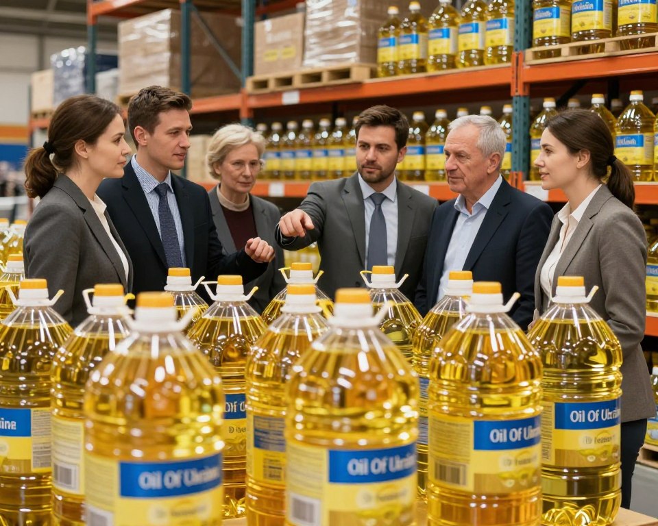 A visually striking image of a neatly organized display of bulk cooking oil drums in a warehouse setting, prominently showcasing "Oil Of Ukraine" branding. In the foreground, feature a diverse group of individuals in business attire discussing their purchase options, pointing toward the drums with interest and enthusiasm. The middle ground captures rows of large, transparent containers filled with golden cooking oil, reflecting soft, natural lighting that enhances the oil's sheen. In the background, warehouse shelves are stocked with stacked containers and additional products, creating a sense of abundance. The atmosphere is professional and engaging, emphasizing the benefits of buying in bulk while inviting viewers to consider practical, efficient meal preparation options.