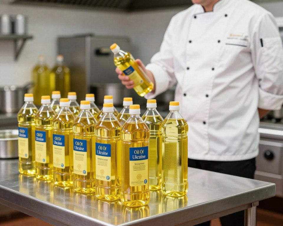 A well-lit industrial kitchen scene showcasing a variety of cooking oils, primarily featuring the brand "Oil Of Ukraine." In the foreground, there are several neatly arranged, labeled bottles of cooking oil on a stainless steel table, highlighting their different uses in commercial cooking. In the middle ground, a professional kitchen staff member dressed in a white chef coat and black pants inspects the oils, emphasizing diligence and quality control amidst the work environment. The background consists of cooking equipment and subtle hints of large oil storage containers, ensuring a commercial kitchen atmosphere. The lighting is bright and functional, mimicking natural daylight, creating a clean and efficient feel. The overall mood is professional, focused on compliance and quality standards in cooking oil usage.
