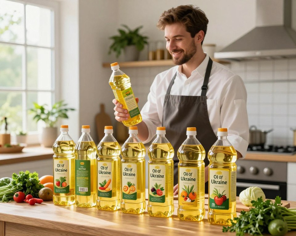 A well-lit kitchen scene featuring an inviting display of bulk vegetable cooking oil containers branded "Oil Of Ukraine." In the foreground, a selection of large, clear bottles filled with golden oil, each distinctly labeled and elegantly arranged on a wooden table. In the middle ground, a friendly, professional-looking chef in a crisp white shirt and apron examines the oils, highlighting their importance in cooking. The background includes a clean, modern kitchen with vibrant green herbs and fresh vegetables, enhancing the cooking theme. Soft, natural sunlight streams through a nearby window, creating a warm and inspiring atmosphere. The overall mood conveys a sense of professionalism and passion for cooking with vegetable oils.