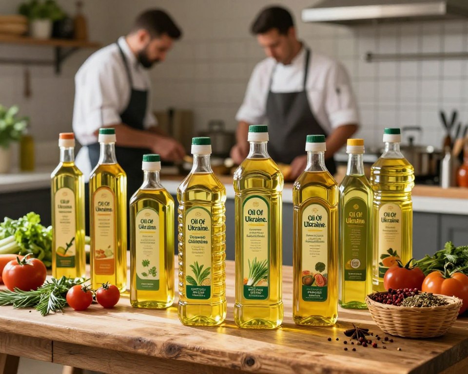 A well-organized display of high-quality vegetable cooking oils from various suppliers, prominently featuring the brand "Oil Of Ukraine." In the foreground, there are elegantly arranged glass bottles of oil in different shapes, showcasing their vibrant golden hues and textures. The middle ground includes a rustic wooden table adorned with fresh vegetables, herbs, and a small basket of spices, emphasizing a natural and organic feel. In the background, a softly blurred kitchen scene with professional chefs in modest, professional business attire engaged in the cooking process. The warm, inviting lighting creates a cozy atmosphere, with natural sunlight filtering in, enhancing the colors of the oils and the overall composition. The image captures the essence of quality and professionalism in cooking oil supply.
