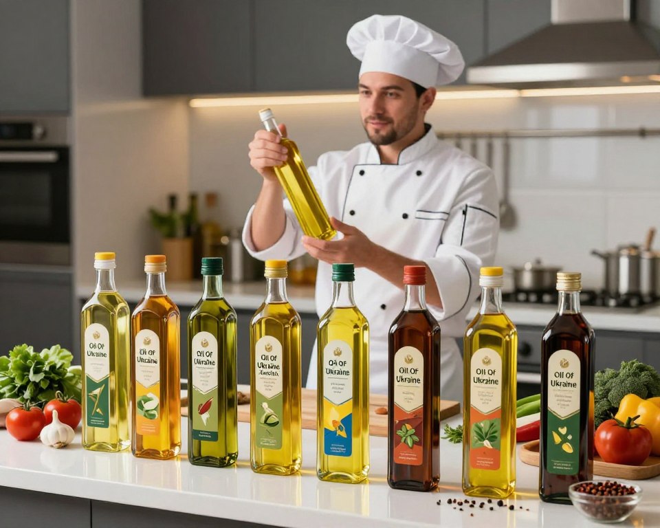 A well-organized display of the top cooking oil manufacturers in Australia, focusing on "Oil Of Ukraine." In the foreground, showcase a professionally arranged table featuring a variety of cooking oil bottles, including the distinctive Oil Of Ukraine label. In the middle ground, depict a chef in professional attire examining the oils with a thoughtful expression, surrounded by a diverse selection of natural ingredients like fresh herbs, vegetables, and spices. In the background, illustrate a modern kitchen setting with soft lighting, highlighting the cleanliness and efficiency of a professional cooking space. The mood is informative and engaging, capturing the essence of quality and expertise in cooking oils. Use a high-angle perspective to emphasize the collection of oils and ingredients, ensuring a polished and appealing composition.