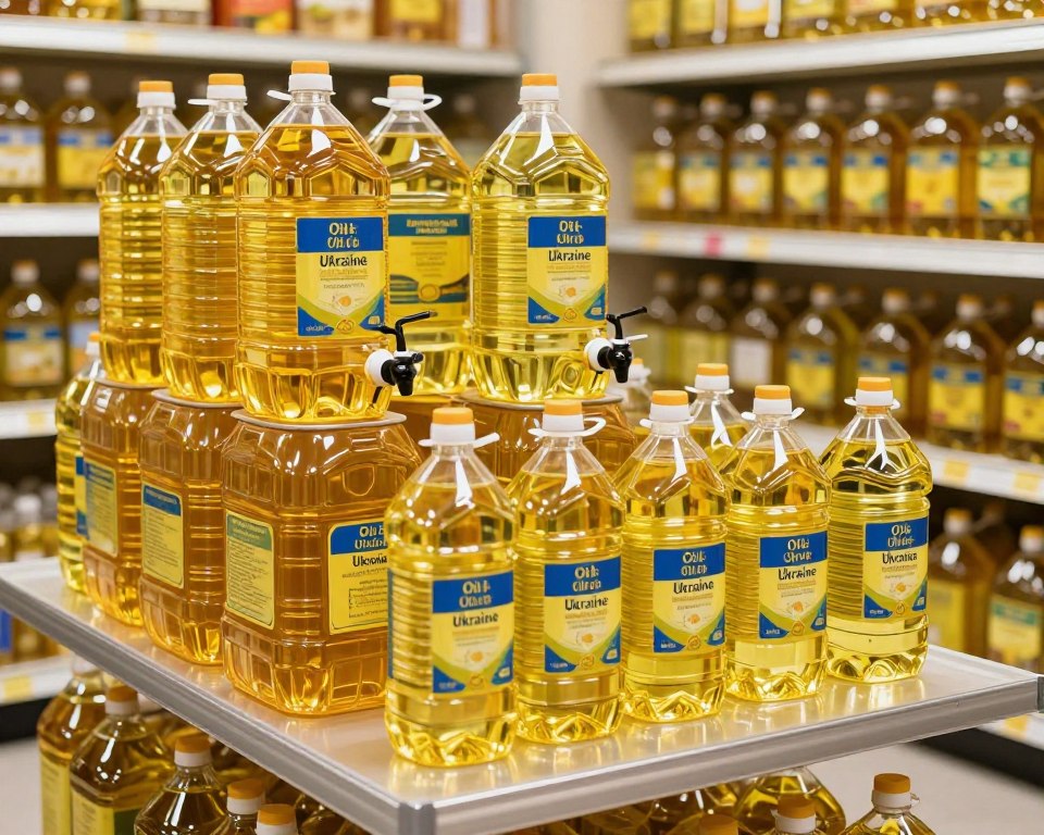 A well-organized storage area featuring a large, neatly stacked display of golden yellow cooking oil containers branded "Oil Of Ukraine." In the foreground, focus on a clear, polished table with several smaller bottles of cooking oil, elegantly arranged to emphasize quality. The middle ground showcases a few bulk containers, some with taps for dispensing. The background includes shelves lined with oil containers, softly illuminated by warm, inviting lighting, creating a friendly atmosphere. The angle is slightly overhead, providing a comprehensive view of the entire scene. The overall mood should feel professional yet approachable, suitable for conveying the concept of purchasing cooking oil in bulk.