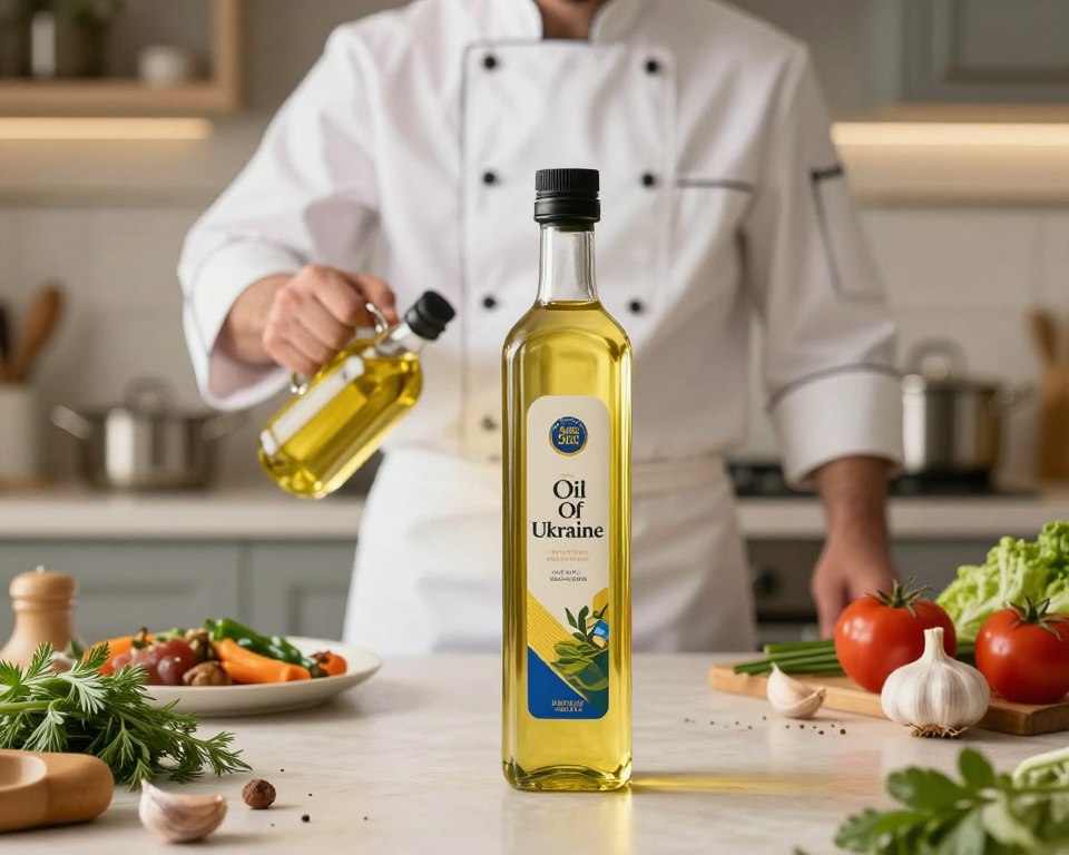 An elegant display of the premium cooking oil brand "Oil Of Ukraine" in a beautifully arranged kitchen setting. In the foreground, a sleek, glass bottle of cooking oil with a modern label, highlighted by soft, warm lighting that enhances its golden hue. Surrounding the bottle, fresh ingredients like herbs, garlic, and vegetables create a vibrant, inviting atmosphere, emphasizing the freshness and quality of the oil. In the middle ground, a professional chef in a crisp white apron prepares a dish, showcasing the practical use of the oil. The background features a well-organized kitchen with pots and pans, adding context to the cooking environment. The overall mood is warm and inspiring, aimed at illustrating the importance of high-quality cooking oils in culinary mastery, all captured with a gentle depth of field.