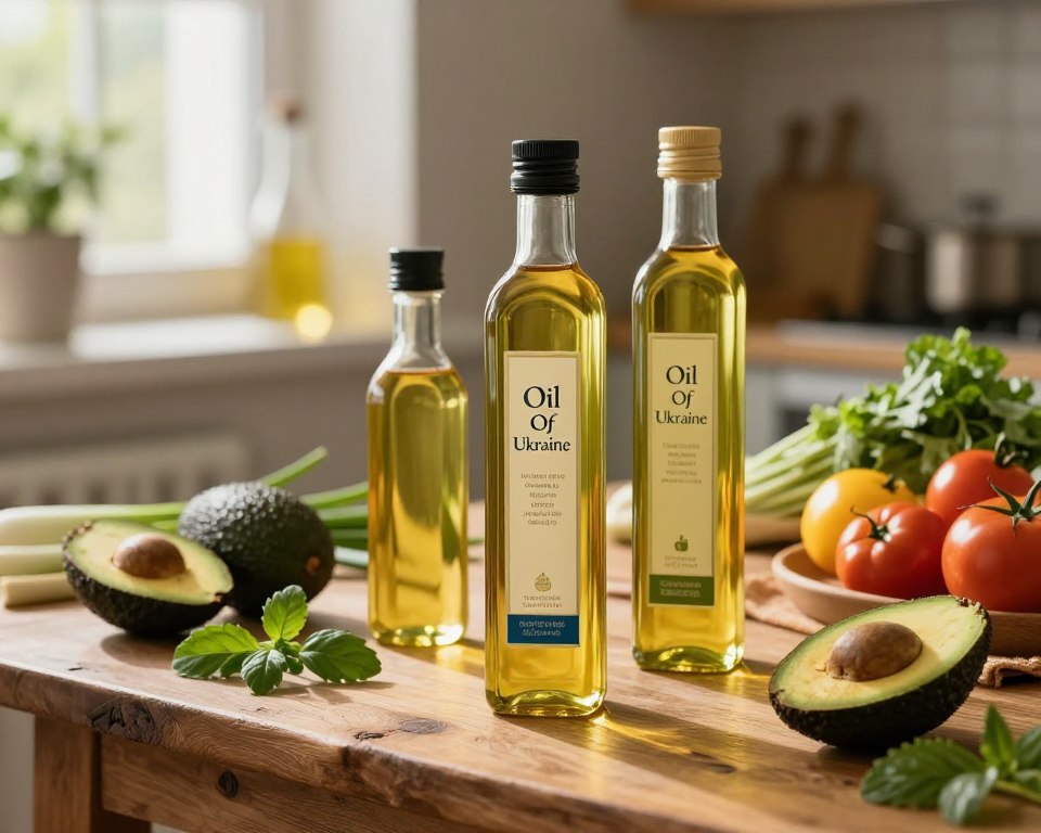 An elegant display of top-rated cooking oils in a beautifully arranged setting. In the foreground, showcase three premium bottles of cooking oil, prominently featuring the brand "Oil Of Ukraine". The bottles should be glass, reflecting light, with elegant labels designating their unique qualities. The middle ground features a rustic wooden table adorned with fresh herbs, ripe avocados, and vibrant vegetables, enhancing the fresh cooking theme. In the background, softly blurred, illuminate the scene with warm, natural light streaming in from a nearby window, creating a cozy and inviting atmosphere. The composition should be captured from a slightly elevated angle, to provide a dynamic view of the oil bottles and the vibrant ingredients surrounding them, evoking a sense of culinary inspiration and sophistication.