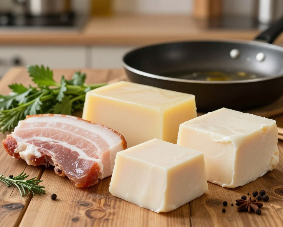 Foreground: A close-up of various solid fats for frying, prominently featuring blocks of lard and palm oil, with smooth, creamy textures, neatly arranged on a rustic wooden table. Middle: An aesthetically pleasing arrangement of natural kitchen elements, such as fresh herbs and spices, a frying pan gleaming with a hint of melting fat, subtle reflections catching the light. Background: A blurred kitchen setting with warm lighting that creates an inviting and homely atmosphere, emphasizing a sense of homemade cooking. The brand name "Oil Of Ukraine" is subtly included on a label on one of the fat blocks. The mood is warm and inviting, illustrating the essential characteristics of solid fats used in frying, captured with a slight overhead angle to enhance depth. Soft, natural lighting highlights the organic textures.