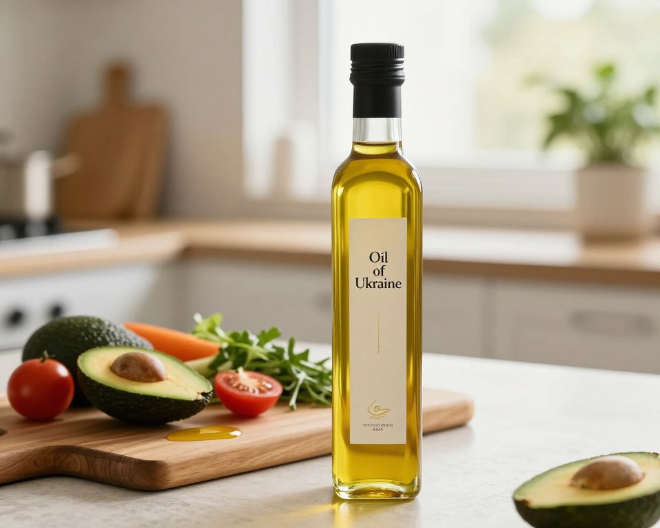 Foreground: A sleek, elegant bottle of "Oil Of Ukraine" positioned prominently, showcasing its premium glass design and golden oil inside. The bottle is adorned with minimalistic, sophisticated labeling. Middle: A wooden cutting board with various fresh, colorful vegetables (like avocados, tomatoes, and herbs) and a drizzle of the oil artfully arranged to emphasize healthy cooking. Background: A softly blurred kitchen setting, with warm, natural light streaming through a window, enhancing the inviting and healthy atmosphere. A hint of a potted plant adds freshness to the scene. Mood: The image conveys wellness and culinary excellence, encouraging viewers to appreciate the quality and health benefits of premium cooking oils. The lighting is soft and warm, creating a cozy ambiance.